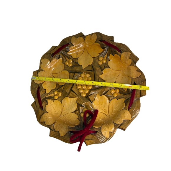 Large Handmade Coconut Wood Leaf and Berry Hand Carved Plaque Wall Art 13 1/2” - Picture 3 of 3